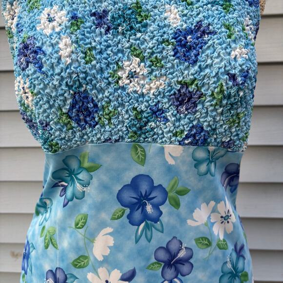 Vintage Y2K Up Front Smocked Mini Dress –‎ Blue Floral Hibiscus Print, Size L - Picture 5 of 11